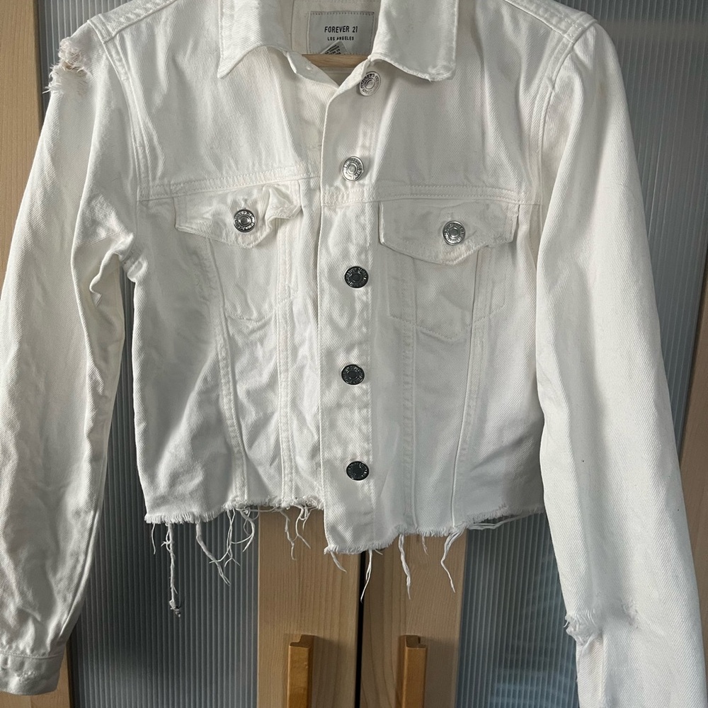 Distressed White Denim Cropped Jacket